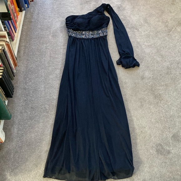 One shoulder navy blue gown with drape in back and crystal detail - Picture 1 of 5